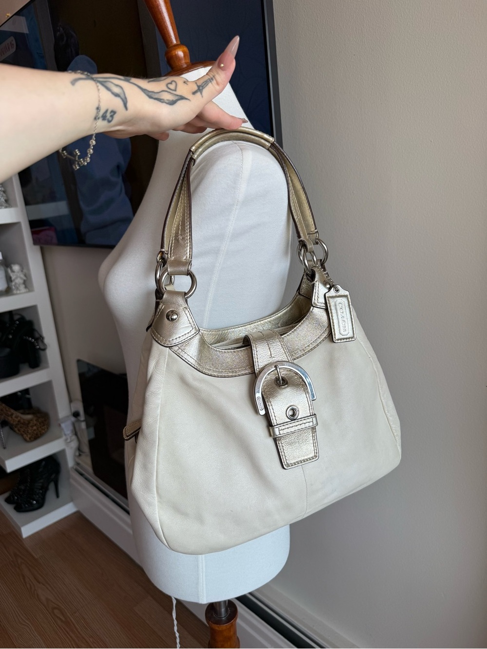 Coach Cream Shoulder Bag with Metallic Gold Trim